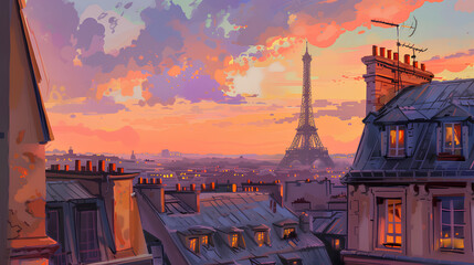 A view of the Eiffel Tower from an apartment rooftop in Paris, with a pastel sky and cityscape. The tower stands tall against the backdrop of other buildings.