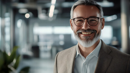 Fototapeta premium Confident and successful businessman with a cheerful smile, wearing eyeglasses in a modern office environment: a portrait
