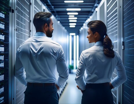 From the back Engineer manager of WAN data center. The engineer in a data processing center of ISP Internet Service Provider hold fiber patch cords directly.