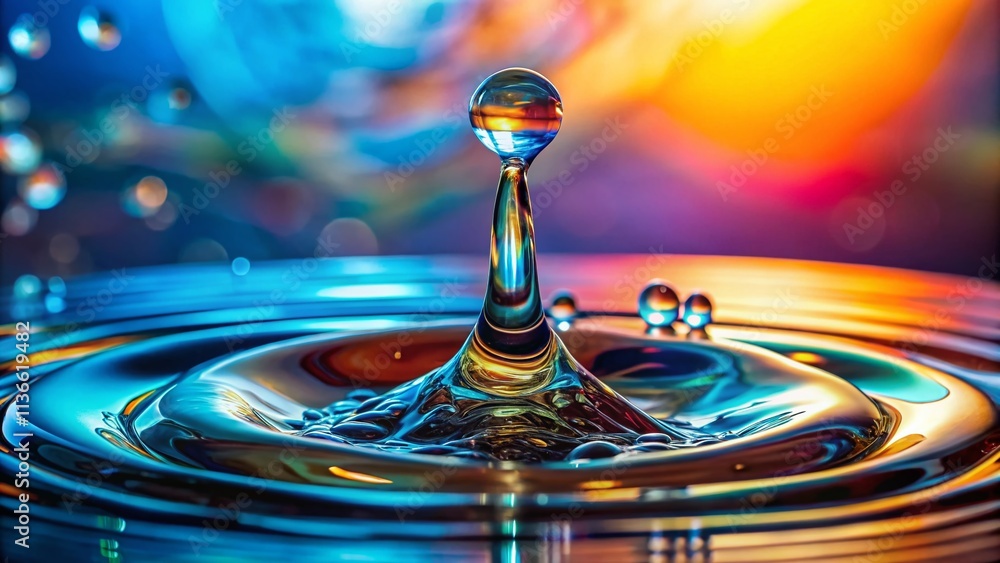 Poster serene slowmotion capture of water droplet falling from faucet with tiny splashes at the base, evoki