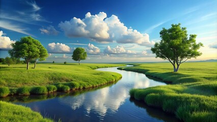 Obraz premium Serene River Landscape 4K Minimalist Video: Lush Green Grass, Blue Sky, Flowing Water, Nature Scenery