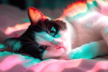 A tuxedo cat rests peacefully in colorful light
