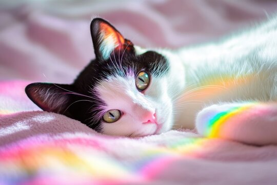 A tuxedo cat rests peacefully on a pink blanket bathed in rainbow light