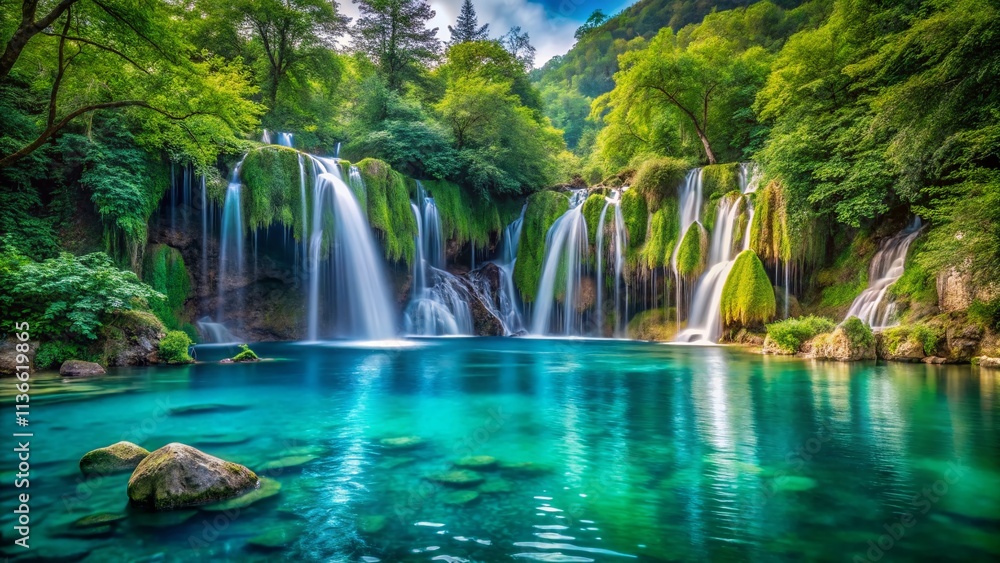 Poster serene waterfall cascading into a turquoise lake with perfect symmetrical reflection surrounded by l