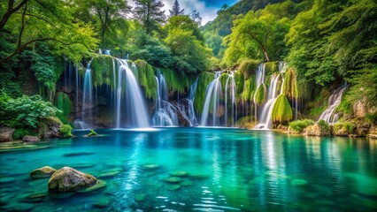 Serene Waterfall Cascading into a Turquoise Lake with Perfect Symmetrical Reflection Surrounded by Lush Greenery, Captured in Stunning Macro Photography Detail