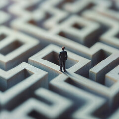 businessman walking inside of stone maze, business concept for solving problems, seeking the solution
