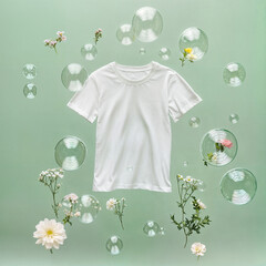 clean t-shirt floating with soap bubbles and flowers, laundry concept