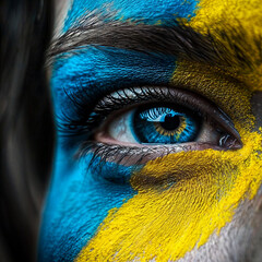 macro shot of eye in colors of Ukrainian flag