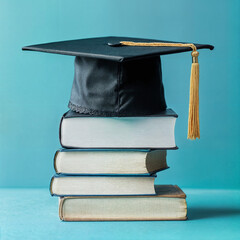 graduation hat on the books blue background, study concept
