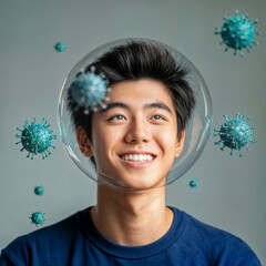 Asian Teen Boy in a Protective Bubble with Virus Particles