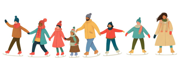 Fototapeta premium Winter family group ice skating. A colorful illustration of a group of people holding hands and ice skating, dressed in winter clothing, creating a festive scene.