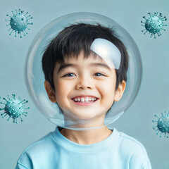 Asian Boy in a Protective Bubble with Virus Particles