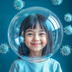 Asian Girl in a Protective Bubble with Virus Particles