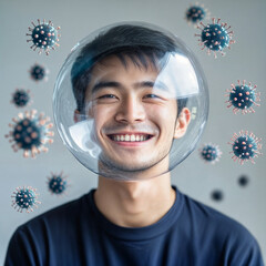 Asian Man in a Protective Bubble with Virus Particles