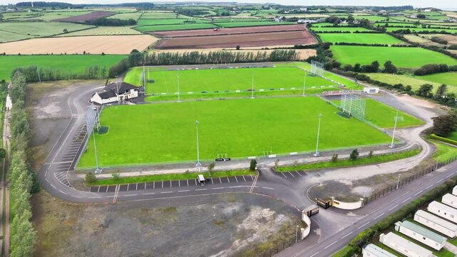 Aerial video of P&aacute;&iacute;rc Mac U&iacute;l&iacute;n Ballycastle GAC GAA Hurling Club Ballycastle Co Antrim Northern Ireland 