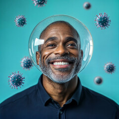 Mature African Man in a Protective Bubble with Virus Particles
