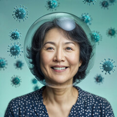  Asian Mature Woman in a Protective Bubble with Virus Particles