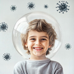 European Boy in a Protective Bubble with Virus Particles