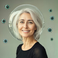  Mature European Woman in a Protective Bubble with Virus Particles