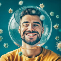 European Man in a Protective Bubble with Virus Particles