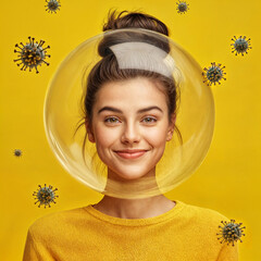 European Woman in a Protective Bubble with Virus Particles