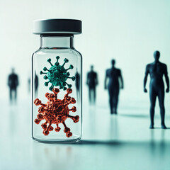 A sample of the virus in a glass bottle with silhouettes of people