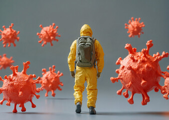Person in a Hazmat Suit Surrounded by Virus Particles