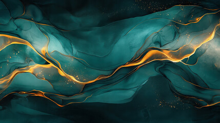 Abstract fluid art with teal and gold hues, creating a dynamic and elegant visual effect.