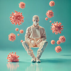 Futuristic Human Amidst Virus Particles