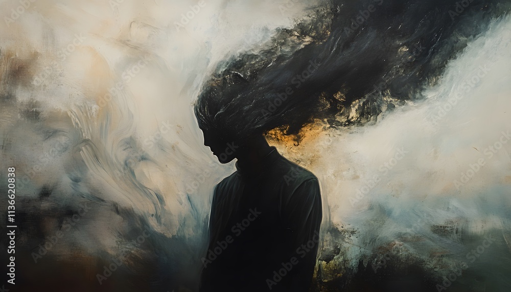 Poster ethereal silhouette of a person surrounded by abstract swirls of dark smoke and light, expressing th