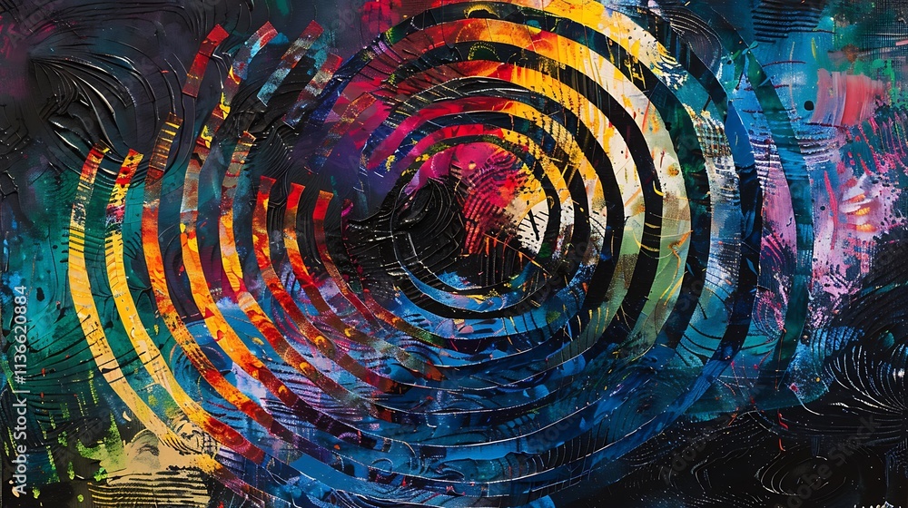 Poster an abstract artwork with overlapping concentric patterns in a mix of bright and dark colors