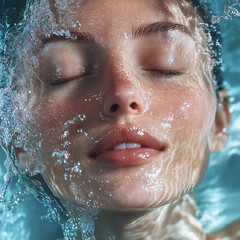 Water gently flowing down the contours of a woman face, symbolizing hydration and moisturising, the concept of cosmetology and healthy skin