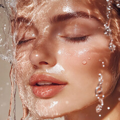 Water gently flowing down the contours of a woman face, symbolizing hydration and moisturising, the concept of cosmetology and healthy skin