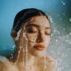 Water gently flowing down the contours of a woman face, symbolizing hydration and moisturising, the concept of cosmetology and healthy skin