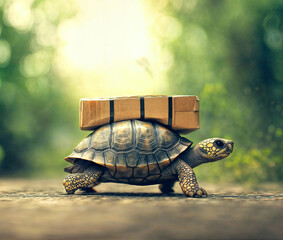 turtle is transporting cargo, nature on background, delivery concept