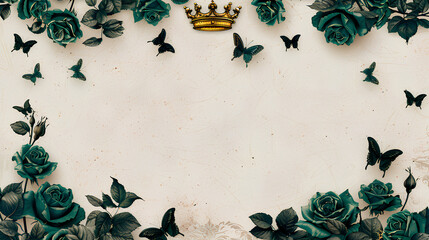 blank page with green roses and black butterflies. A golden crown at the top in the style of a decorative design.