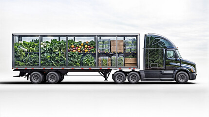 truck with transparent body so you can see whats inside, inside is different freights, transportations or delivery concept
