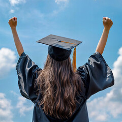 Graduate Celebrating Success with Raised Hands, back view