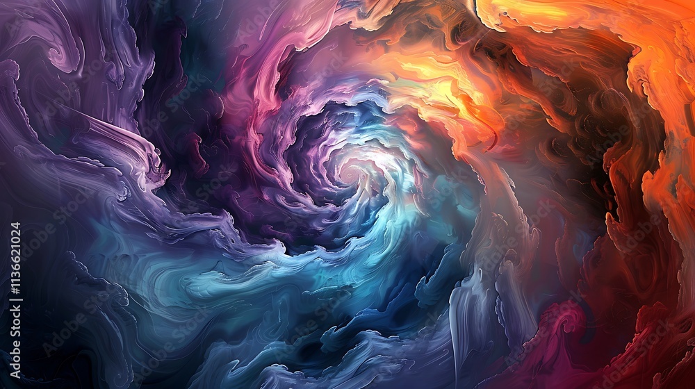 Poster an abstract artwork with swirling vortex patterns in a mix of bright and dark hues
