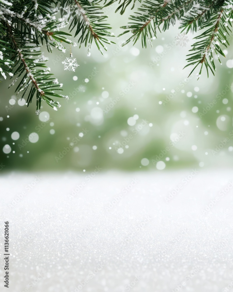 Poster frosted bokeh snow and pine branches create a festive atmosphere for celebrations