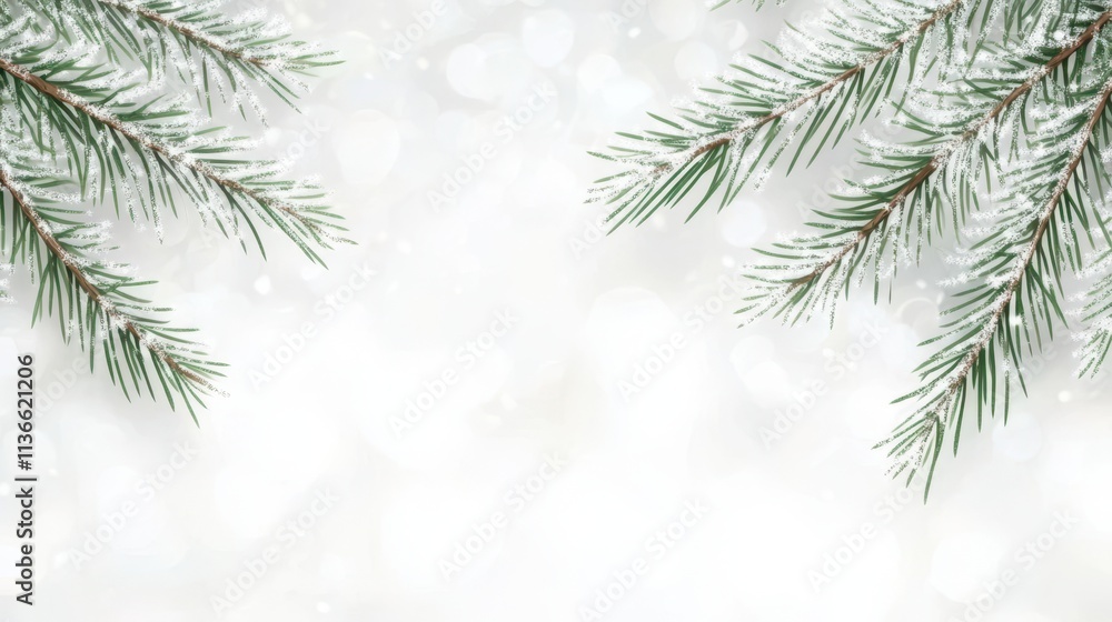 Poster holiday themed presentation background with frosted bokeh and pine tree branches