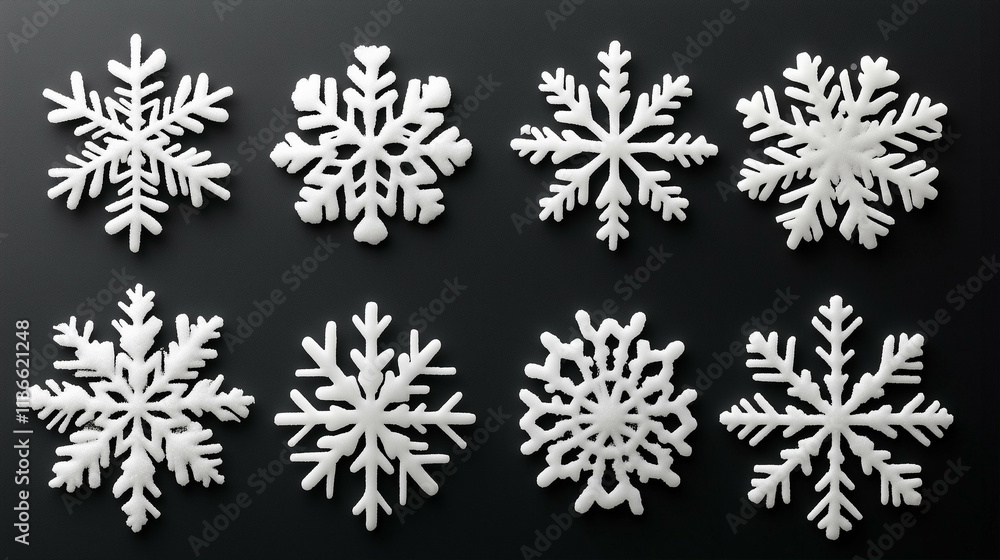 Poster snowflakes graphic resources on a dark background showing various designs and shapes for winter them