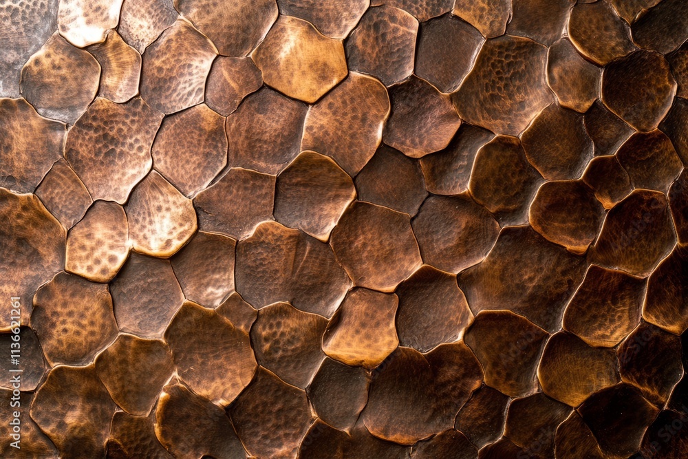 Poster hammered copper plates texture showcasing intricate patterns and warm tones in a decorative design