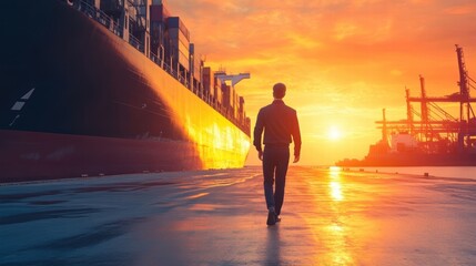 man walking towards cargo ship at sunset