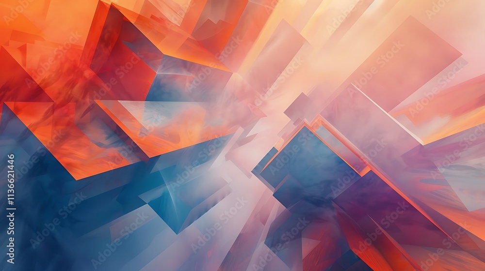 Poster an abstract design featuring floating prisms in a gradient of warm and cool tones