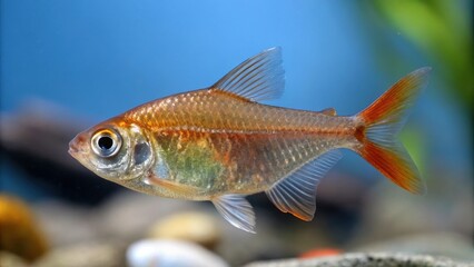 Obraz premium A solitary fish with an iridescent orange tail fin swims through clear water, its scales reflecting the light, creating an enchanting underwater scene.