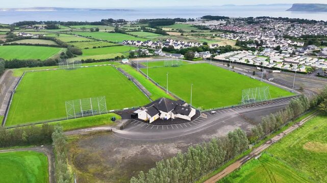 Aerial video of P&aacute;&iacute;rc Mac U&iacute;l&iacute;n Ballycastle GAC GAA Hurling Club Ballycastle Co Antrim Northern Ireland 