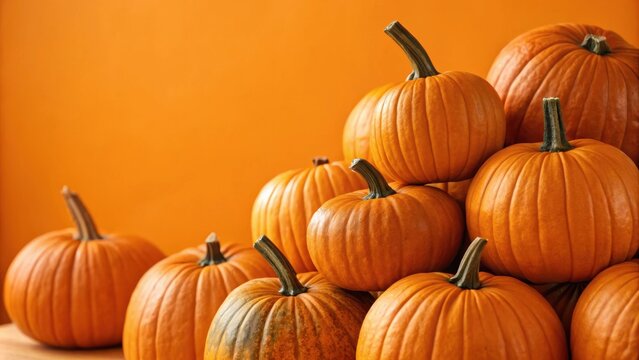A close-up of a group of orange pumpkins with their stems pointing upward, creating a visually appealing and autumnal scene. - Powered by Adobe