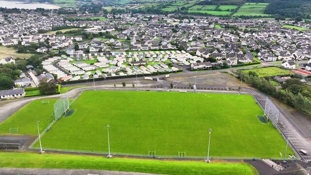 Aerial video of P&aacute;&iacute;rc Mac U&iacute;l&iacute;n Ballycastle GAC GAA Hurling Club Ballycastle Co Antrim Northern Ireland 