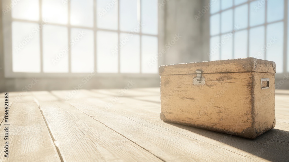 Poster wooden box resting on sunlit floor with dust particles in the air creating a serene atmosphere